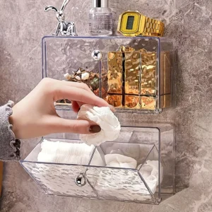 Clear Wall Mounted Bathroom Storage Box, Makeup Organizer, Clear Acrylic Organizers Storage, Cotton Swabs, Cotton Balls, Hair