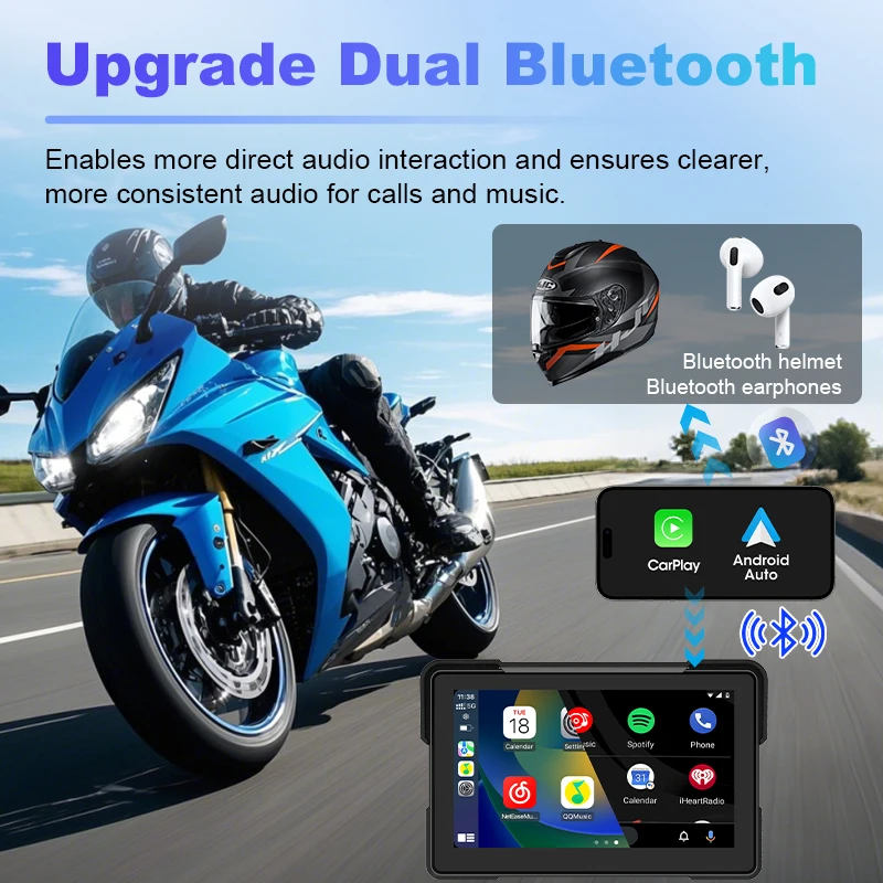 Jansite 5/7 inch Motorcycle Carplay Screen GPS Navigation Wireless Carplay Android Auto Dual Bluetooth IPX7 Waterproof Display - Image 3