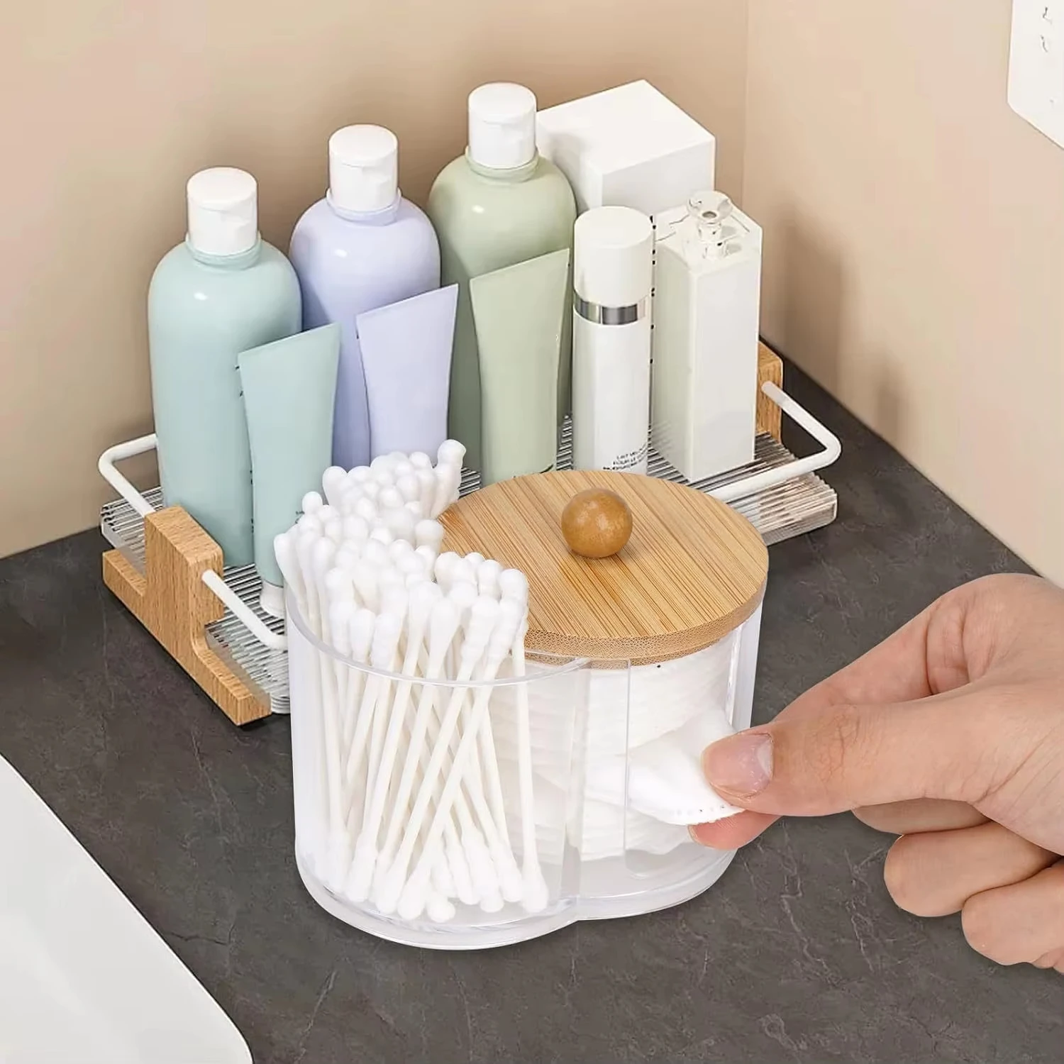 Holder with Dual Compartments - Clear Cotton Swab and Cotton Balls Organizer - Transparent Bathroom Storage Container for Makeup - Image 4