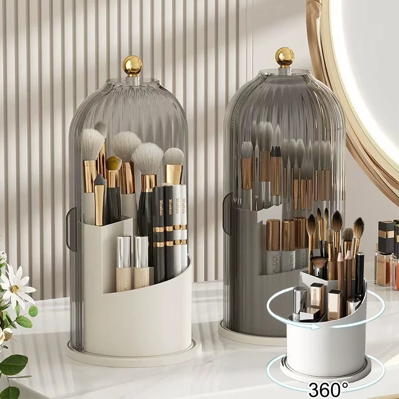 360° Rotating Makeup Brush Holder with Lid Clear Dustproof Make Up Organizers for Vanity Bathroom Countertop - Image 4