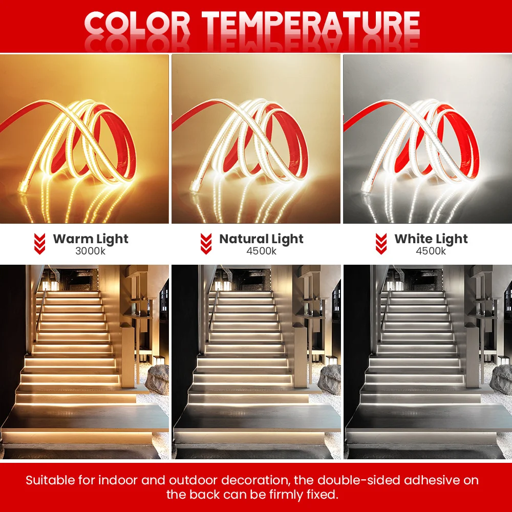 COB LED Strip Light 220V with Adhesive Switch EU Power Plug Kit Waterproof Flexible Led Ribbon Tape High Density Linear lighting - Image 3