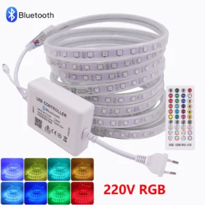 220V Dimmable RGB 5050 Led Strip Bluetooth 60 120LEDs/M Flexible Ribbon Light Waterproof EU 40Keys Remote Kit Home Kitchen Decor