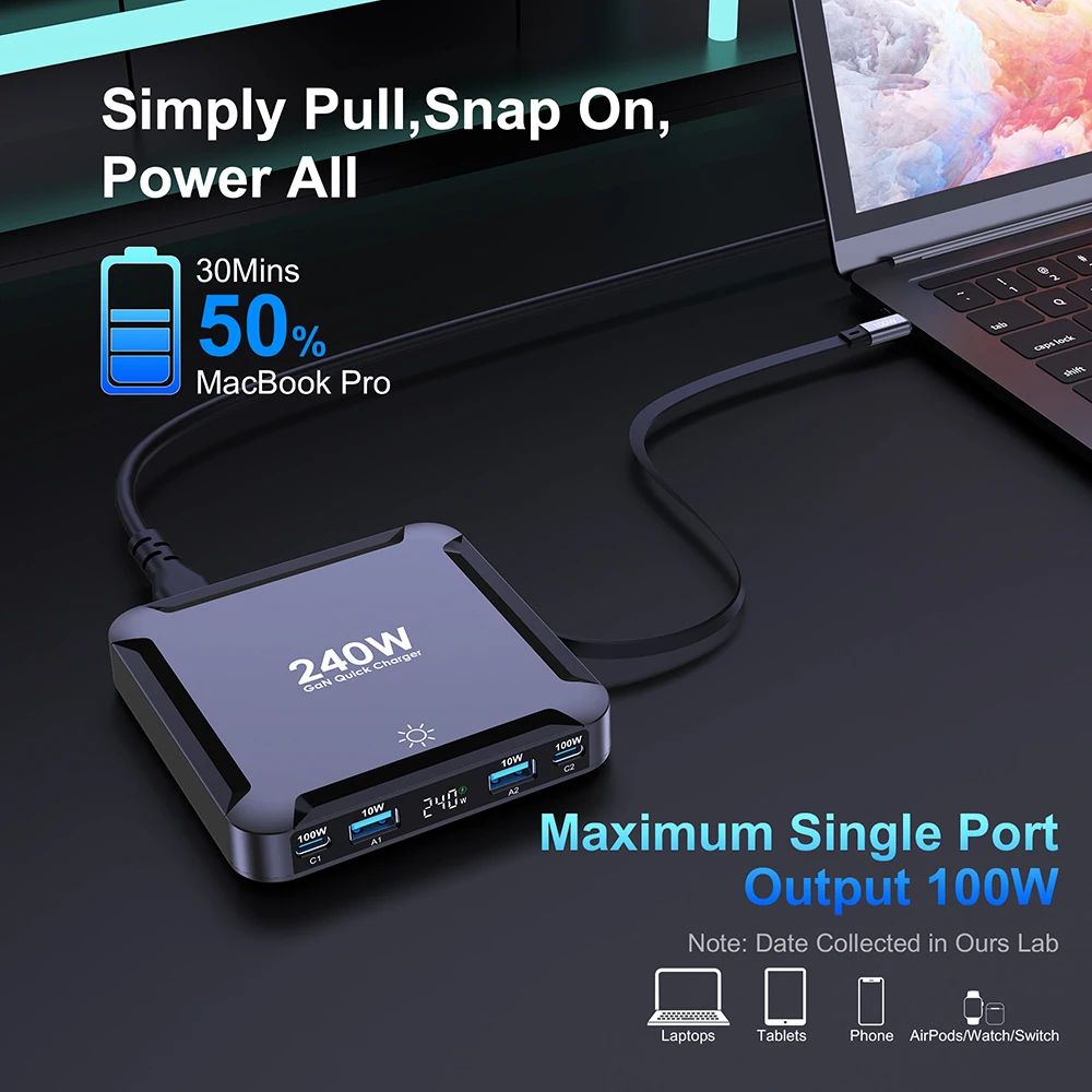 Ubigbuy 240W GaN Charger Digital Display Fast Charging Station with 100W USB C Retractable Cable For iPhone 17 Samsung MacBook - Image 4