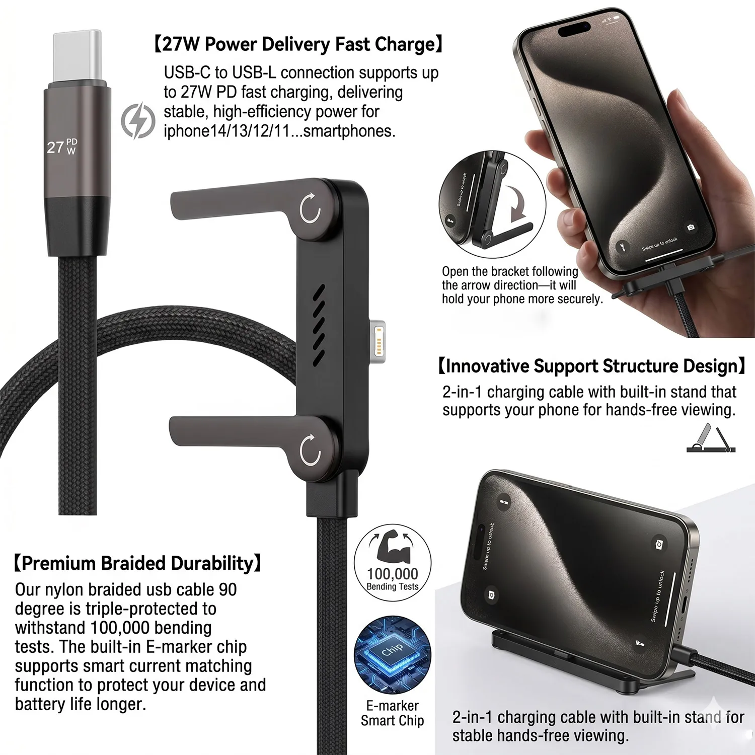 PD Phone Charger 2 in 1 Invisibles Holder Charger Cable 240w Fast Charging Cord with Built-in Phone Stand PD To Type-C Cable - Image 4