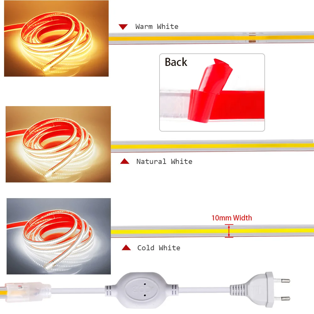 COB LED Strip Light 220V with Adhesive Switch EU Power Plug Kit Waterproof Flexible Led Ribbon Tape High Density Linear lighting - Image 2