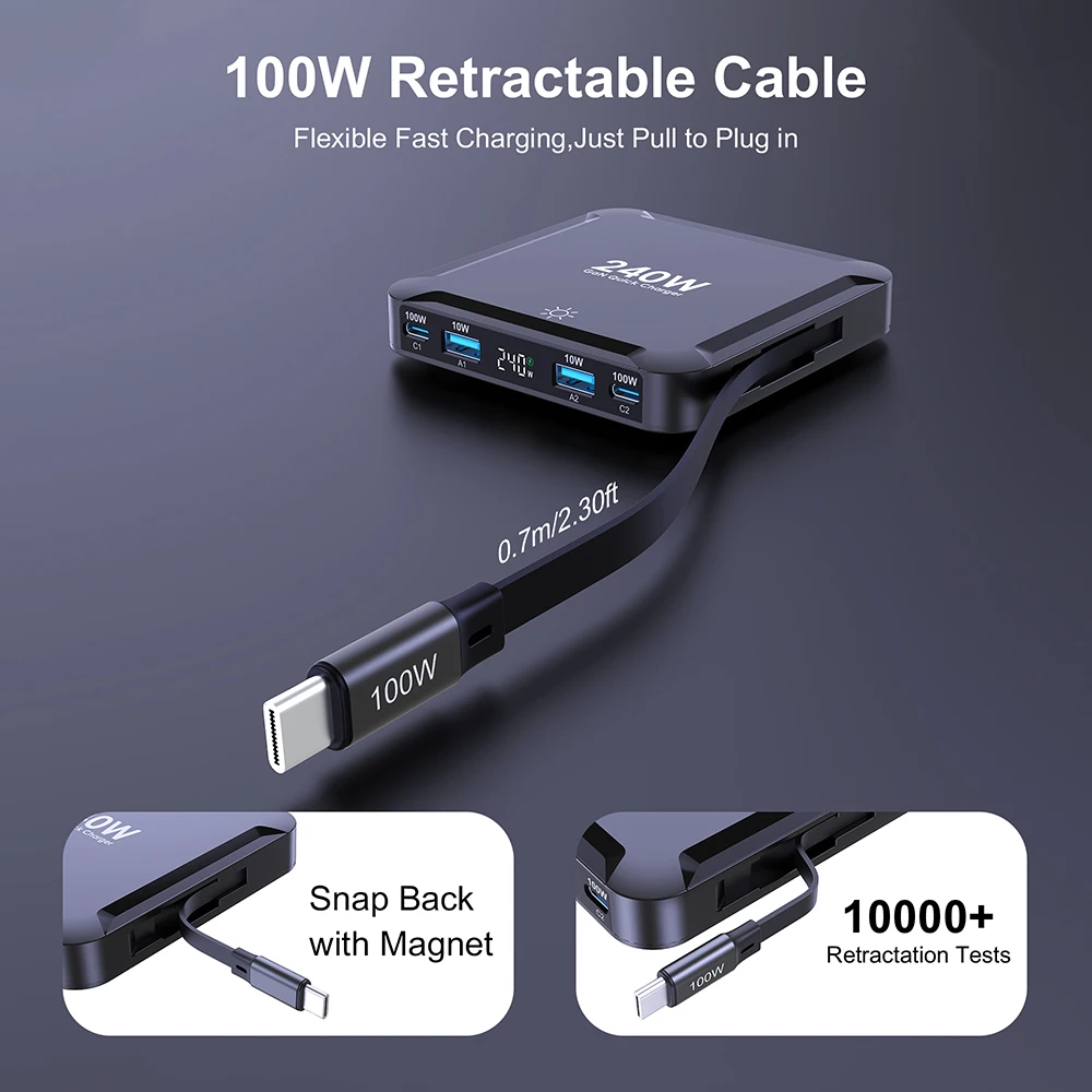 Ubigbuy 240W GaN Charger Digital Display Fast Charging Station with 100W USB C Retractable Cable For iPhone 17 Samsung MacBook - Image 2