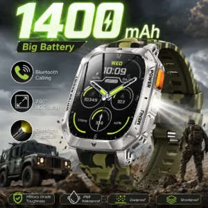 LIGE Militray 1400mAh Large Battery Smart Watch Men 2.01"HD Screen LED Flashlight & SOS Light BT Call Health Monitor Smartwatch