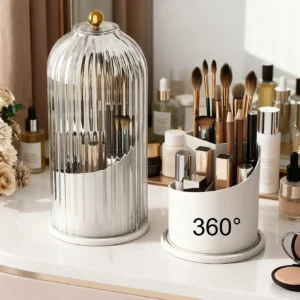 360° Rotating Makeup Brush Holder with Lid Clear Dustproof Make Up Organizers for Vanity Bathroom Countertop