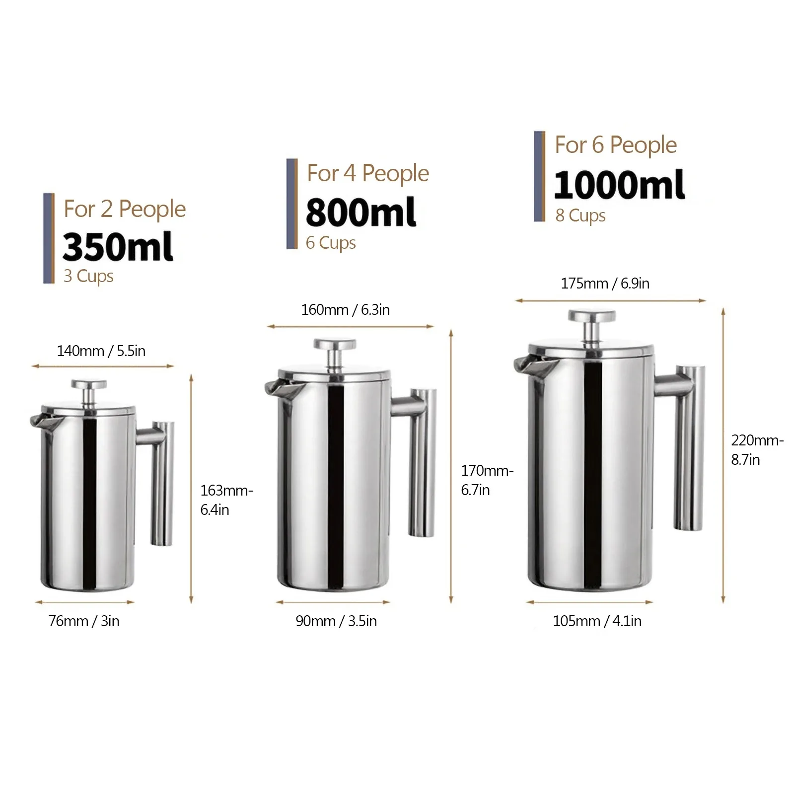 350ml/800ml/1000ml Coffee Maker Pot French Press Coffee Maker Stainless Steel Double Walled Insulated Coffee Maker Pot - Image 5