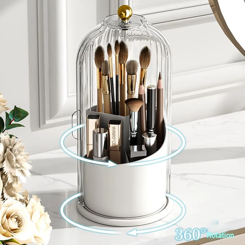 360° Rotating Makeup Brush Holder with Lid Clear Dustproof Make Up Organizers for Vanity Bathroom Countertop - Image 2