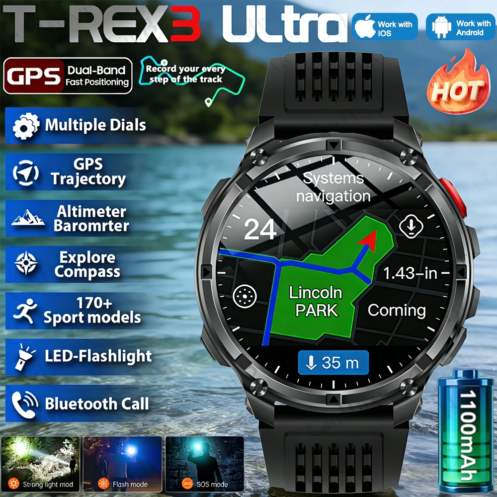 2026 New T-Rex3 Ultra 1100mAh Super Capacity Battery Adult Men Smart Watch 1.7" Large Screen Call 5ATM Waterproof Sports Watches