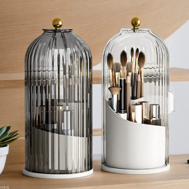 360° Rotating Makeup Brush Holder with Lid Clear Dustproof Make Up Organizers for Vanity Bathroom Countertop - Image 3