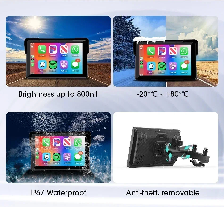 Jansite 5/7 inch Motorcycle Carplay Screen GPS Navigation Wireless Carplay Android Auto Dual Bluetooth IPX7 Waterproof Display - Image 5