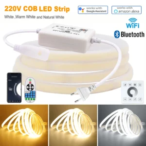Dimmable COB LED Strip Light 220V Tuya APP WIFI Bluetooth 23key Remote Control Power Kit 240LEDs/m Flex Silicone Lamp Home Decor