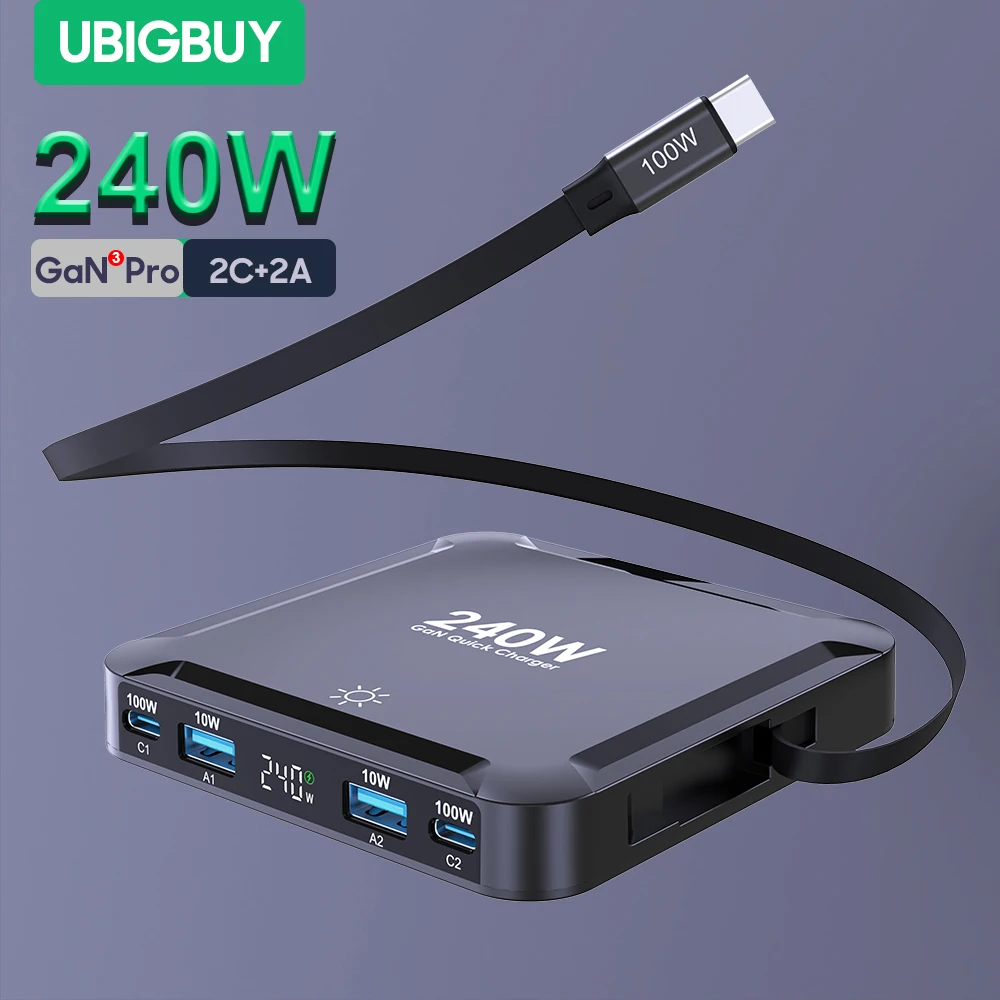Ubigbuy 240W GaN Charger Digital Display Fast Charging Station with 100W USB C Retractable Cable For iPhone 17 Samsung MacBook