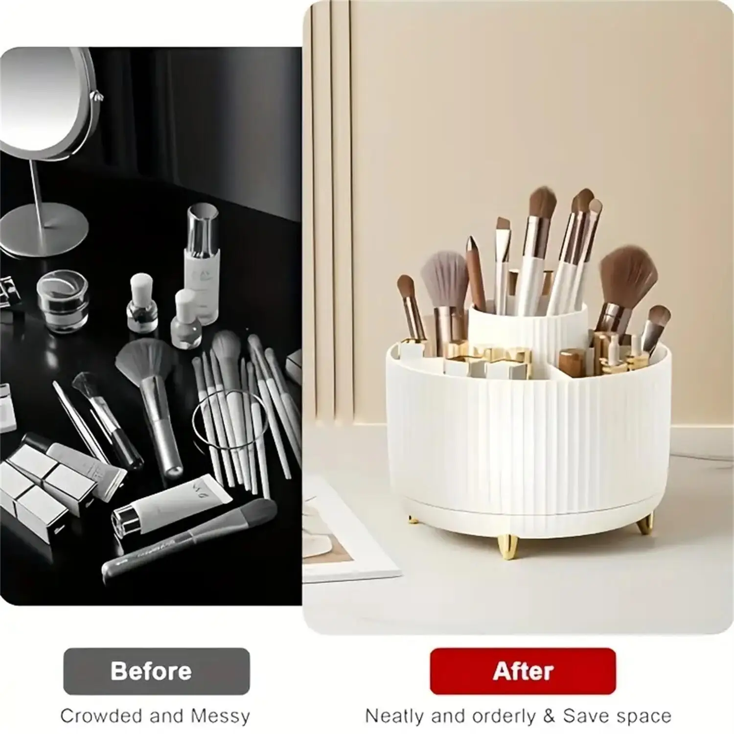 360° Rotating Makeup Organizer - 1pc Plastic Cosmetic Storage with 5 Compartments - Multi-Functional Holder for Brushes - Image 3