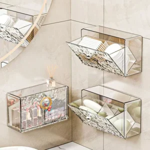 Clear Wall Mounted Bathroom Storage Box, Makeup Organizer, Clear Acrylic Organizers Storage, Cotton Swabs, Cotton Balls