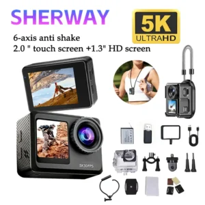 5K Magnetic Action Camera 2.0'' Touchscreen 1.3'' Selfie Pocket Camera 6-axis EIS Waterproof Sport Cam for Cycling Vlog