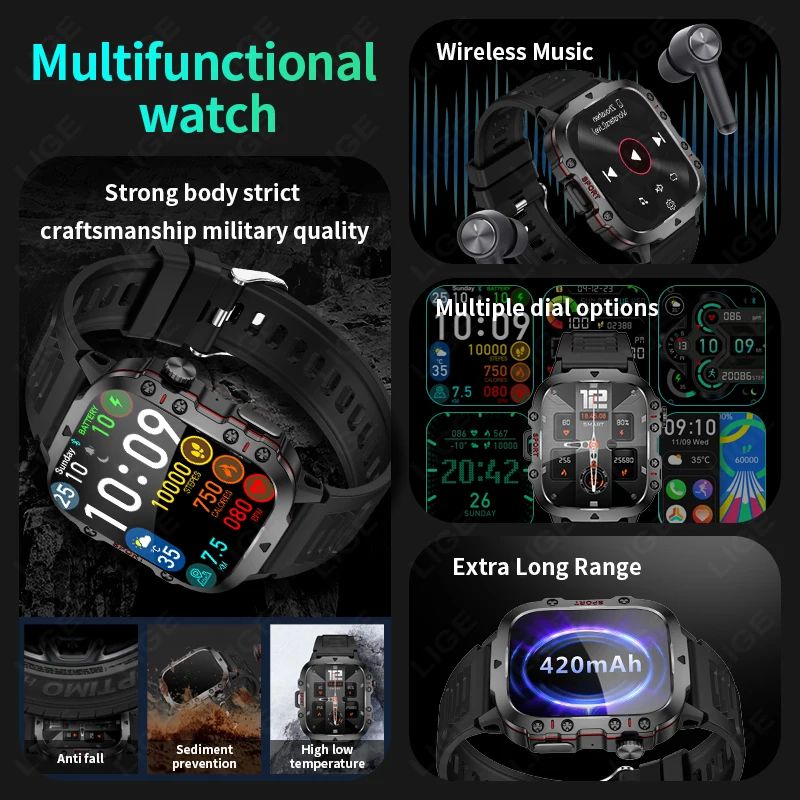 LIGE Outdoor Smart Watch Men 2.01" Screen 3AT Waterproof Watches Bluetooth Call Ai Voice Sport Smartwatch For Android Xiaomi IOS - Image 2