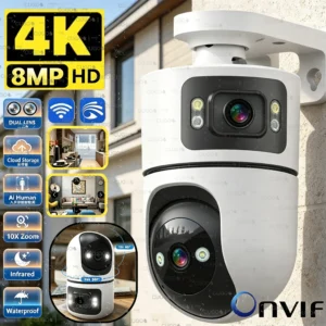 4K 8MP WiFi Surveillance Camera Dual Lens with Adjustable Bracket Two-Way Audio Onvif 10X Zoom Security Wireless Surveillance