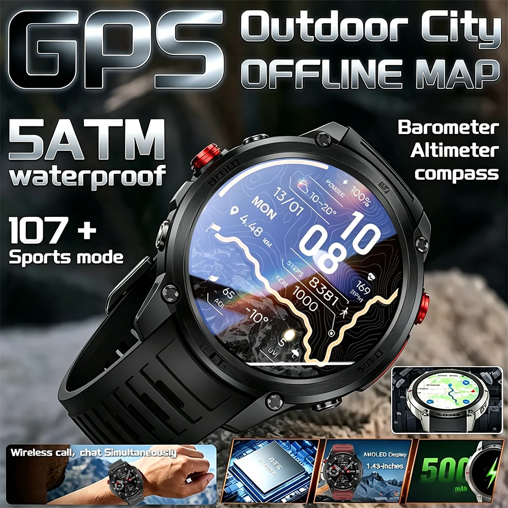 Newly Upgrade Map Sports SmartWatch GPS 10ATM Swim Compass 1.46" AMOLED Heart Rate Bluetooth Call Outdoor Clock For IOS Android