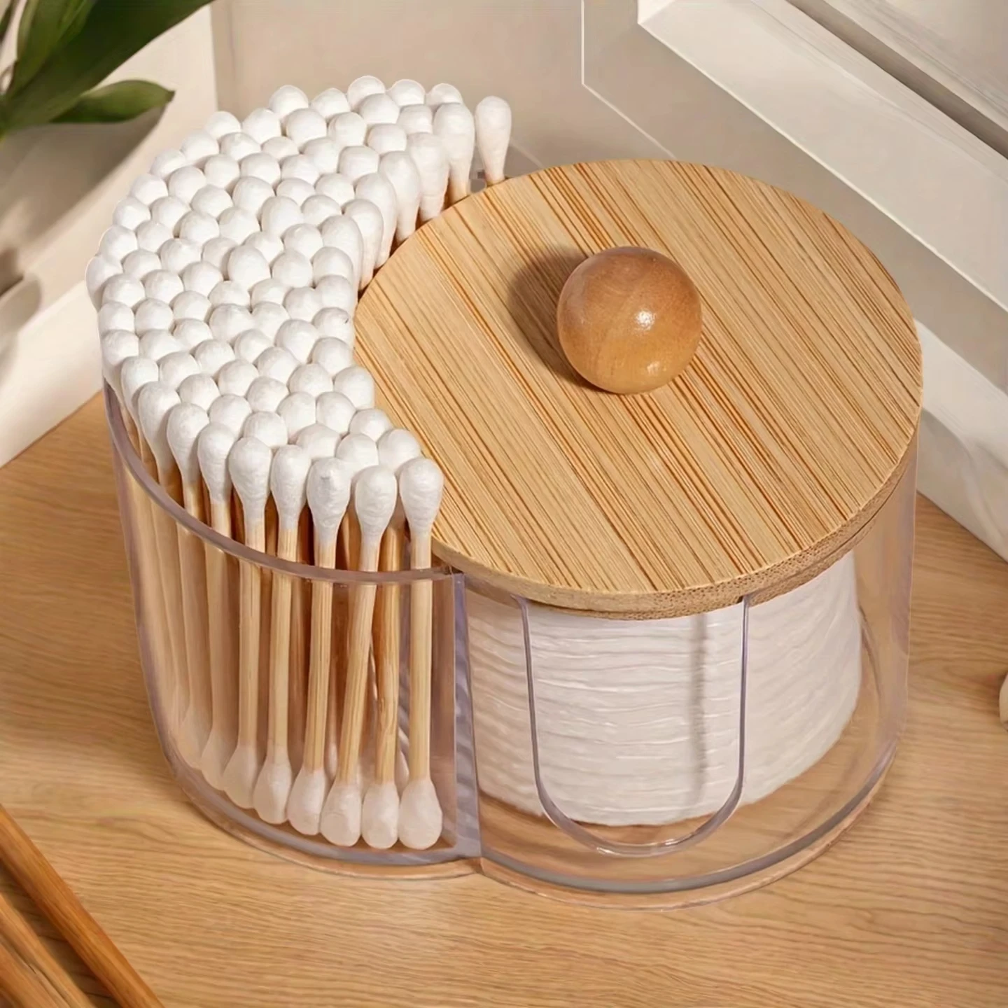 Holder with Dual Compartments - Clear Cotton Swab and Cotton Balls Organizer - Transparent Bathroom Storage Container for Makeup - Image 3
