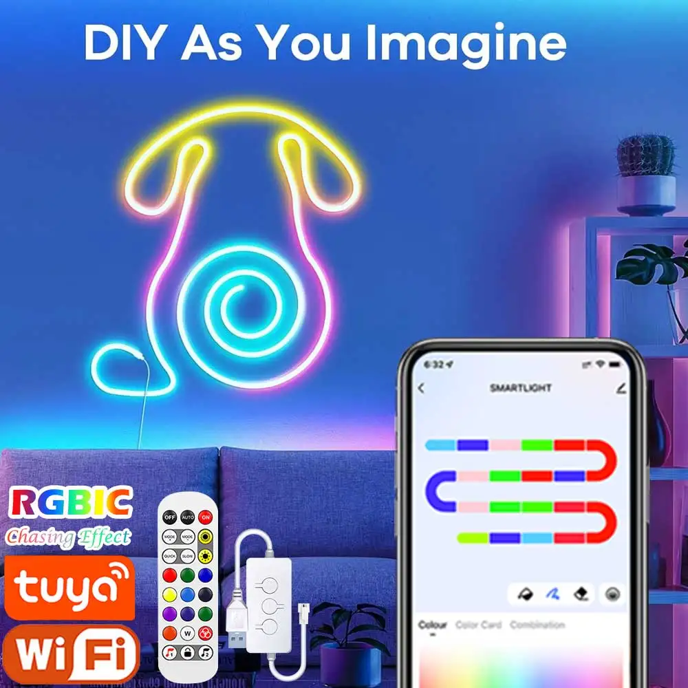 TUYA Neon LED Strip Lights 5V 72LEDs/M Silicone Neon Rope Light with Music Sync RGBIC Dreamcolor Chasing Strip Tape for Room - Image 2