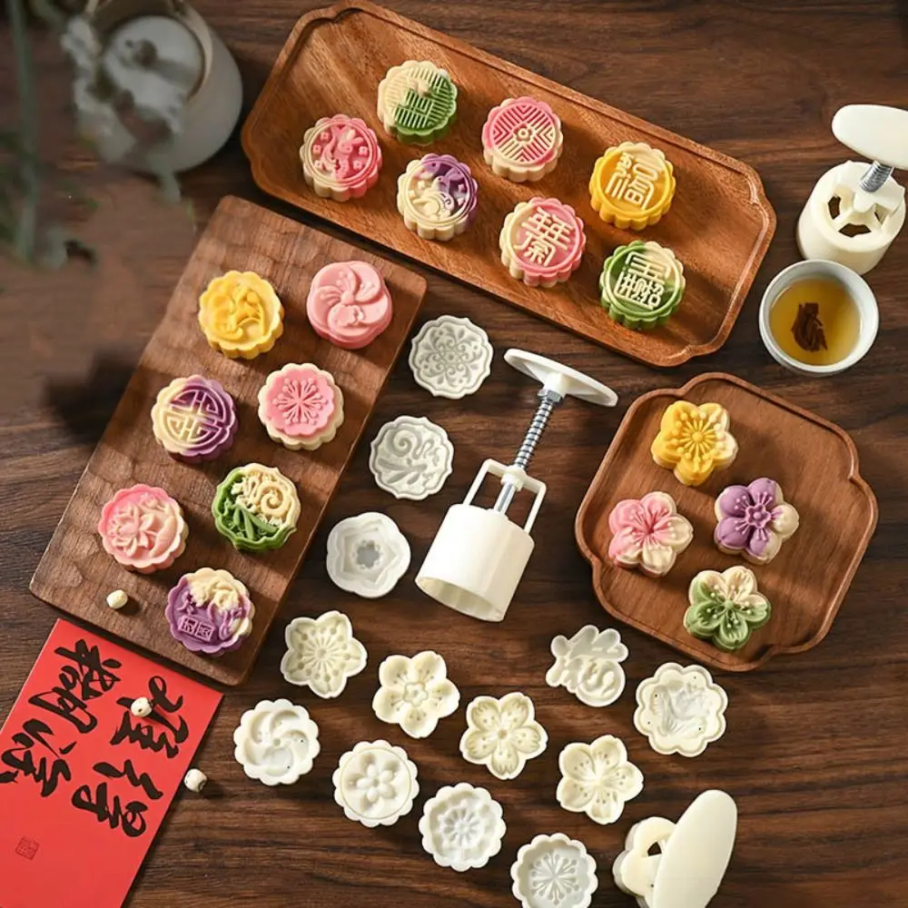 Mid Autumn Festival Round Mooncake Mold 50g DIY Hand Press Mold Fondant Cake Decoration Tools Flower Shape Moon Cake Mould