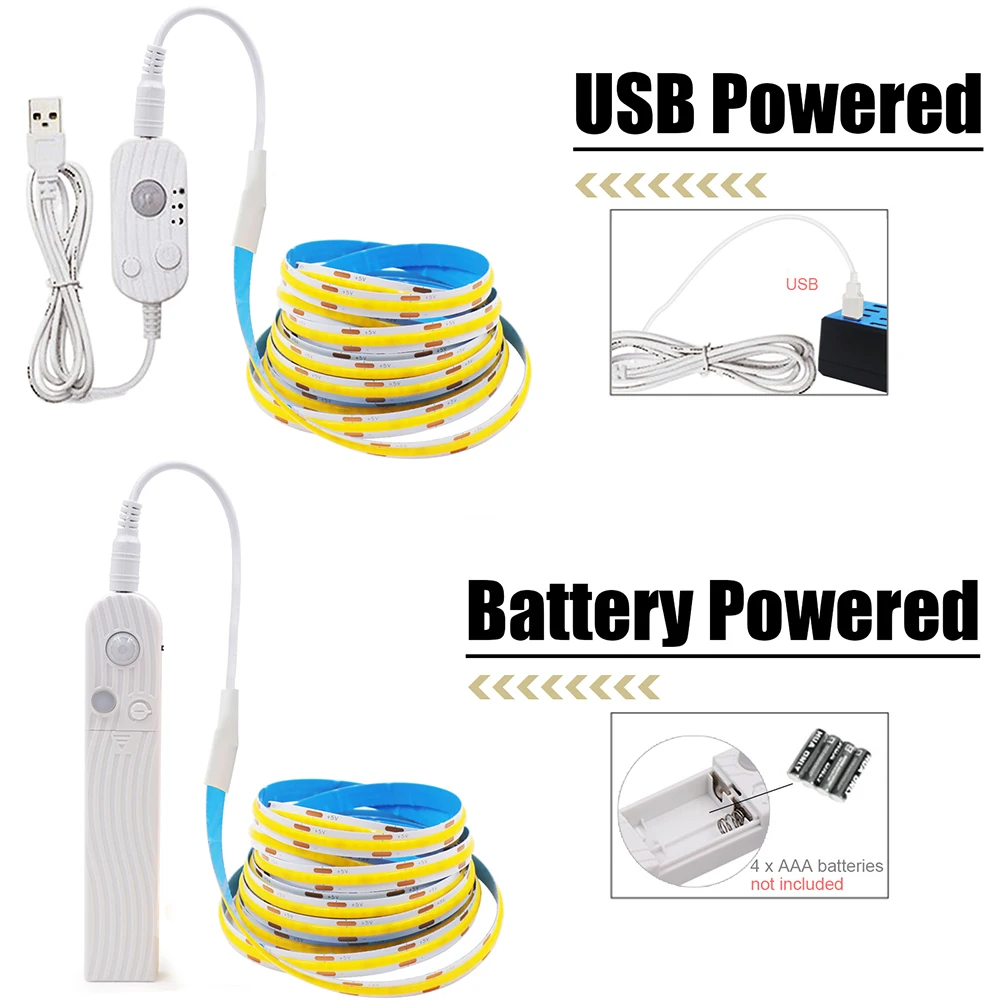 5V Motion Sensor LED COB Light Strip Human Induction USB/Battery Powered Flexible Lamp Under Cabinet Stairs Wardrobe Nightlights - Image 2