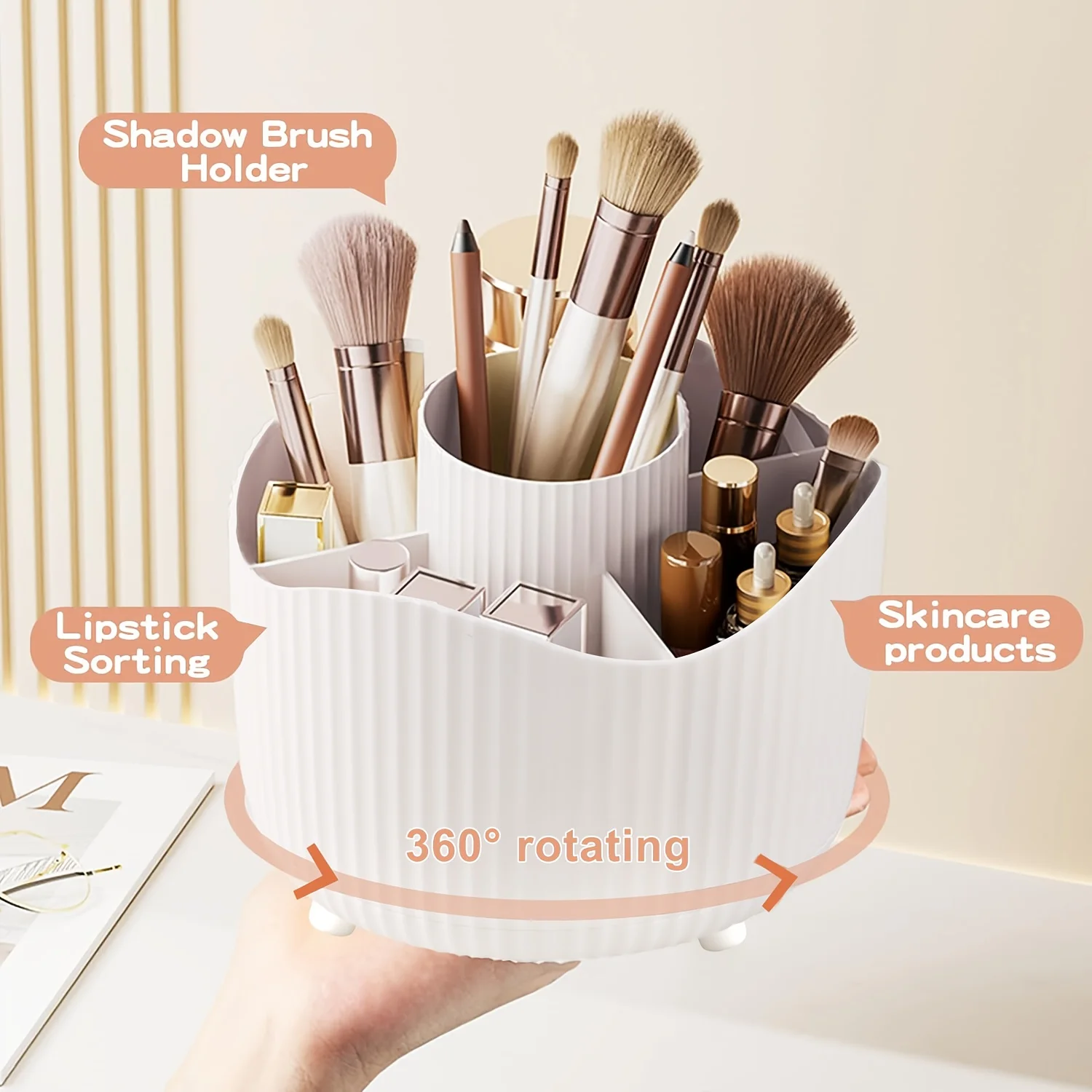 360° Rotating Makeup Brush Holder 5 Slot Cosmetic Organizer for Nail Polishes Skincare Perfumes Desktop Vanity Storage Bathroom - Image 3