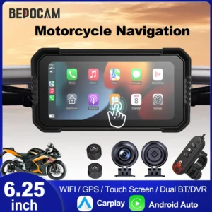 BEPOCAM 5"/6.25" Motorcycle GPS Navigation DVR Carplay Screen IPX7 Waterproof for Moto Dual Cameras Drive Recorder Moto Monitor