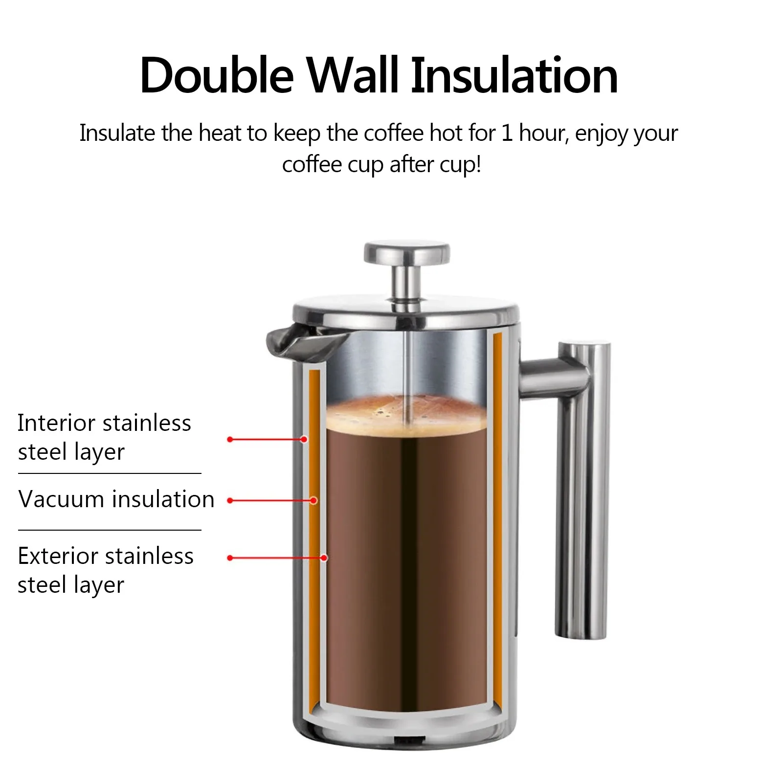 350ml/800ml/1000ml Coffee Maker Pot French Press Coffee Maker Stainless Steel Double Walled Insulated Coffee Maker Pot - Image 2